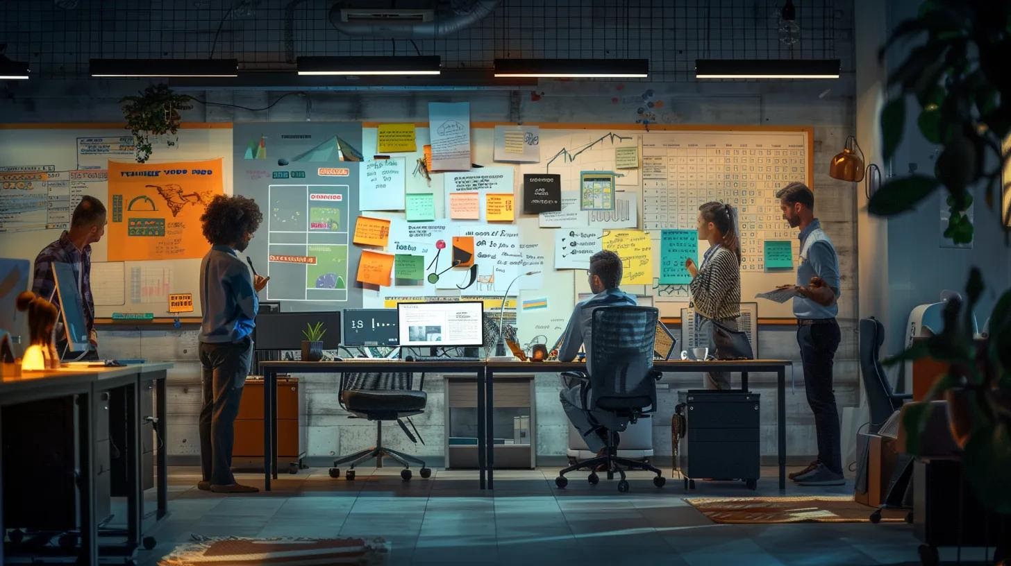 a dynamic office space filled with diverse professionals engaged in brainstorming sessions, surrounded by strategy boards and vibrant graphics, illustrating the energetic pursuit of innovative branding and marketing solutions amidst challenges.