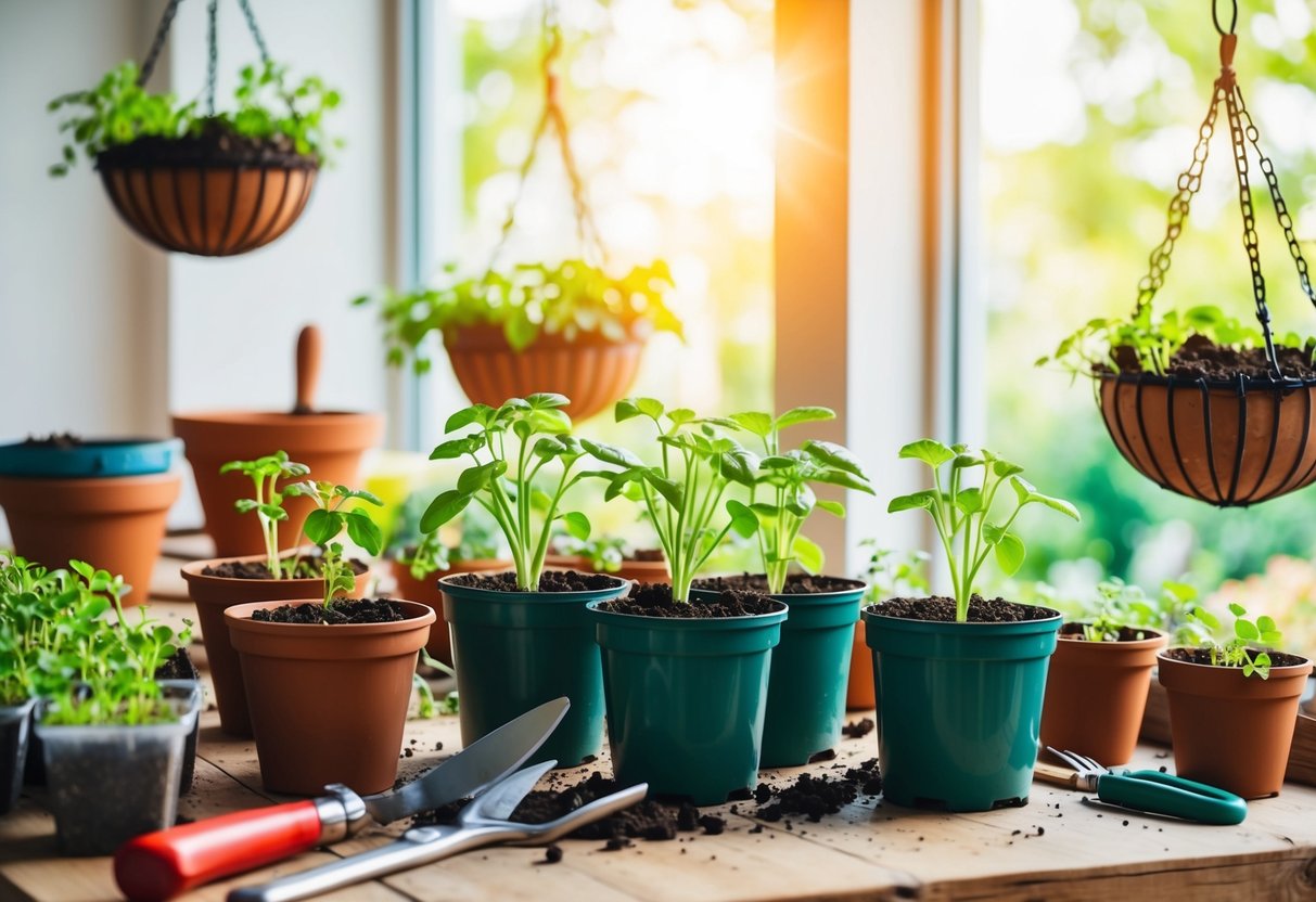 A table with various seedlings in pots, surrounded by gardening tools and hanging baskets filled with soil. Sunlight streams in through a nearby window