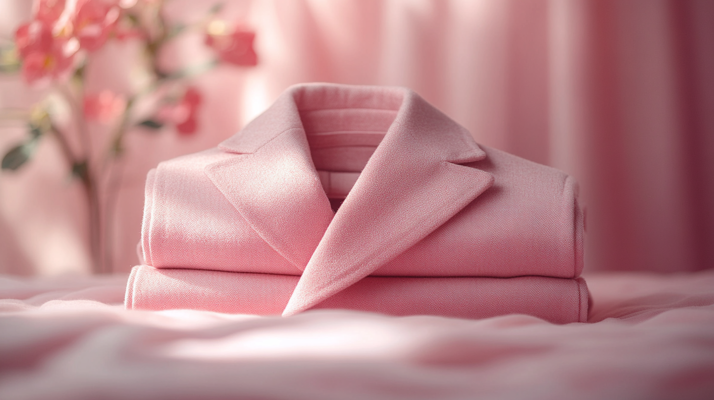 
A neatly folded light pink suit, displayed elegantly on a flat surface, with a soft, pastel tone that highlights the refined fabric. The suit is perfectly pressed, with subtle creases visible, giving it a polished and sophisticated look. The background is minimalistic, with soft lighting that brings out the pastel hues of the suit, creating a clean, crisp aesthetic.