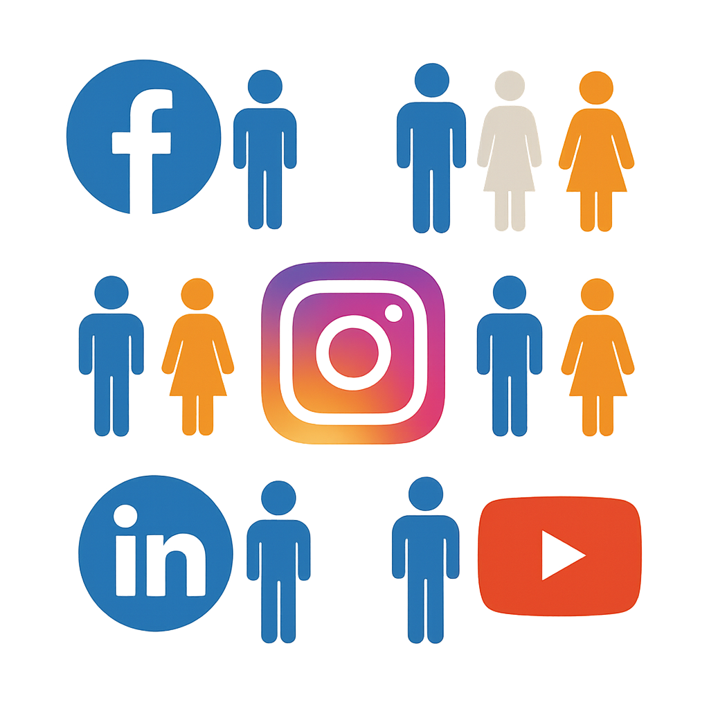 A graphic displaying various social media platform logos with demographic icons