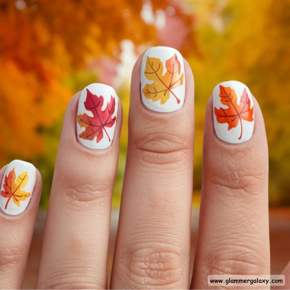 White Fall Nails having Autumn Leaf Patterns
