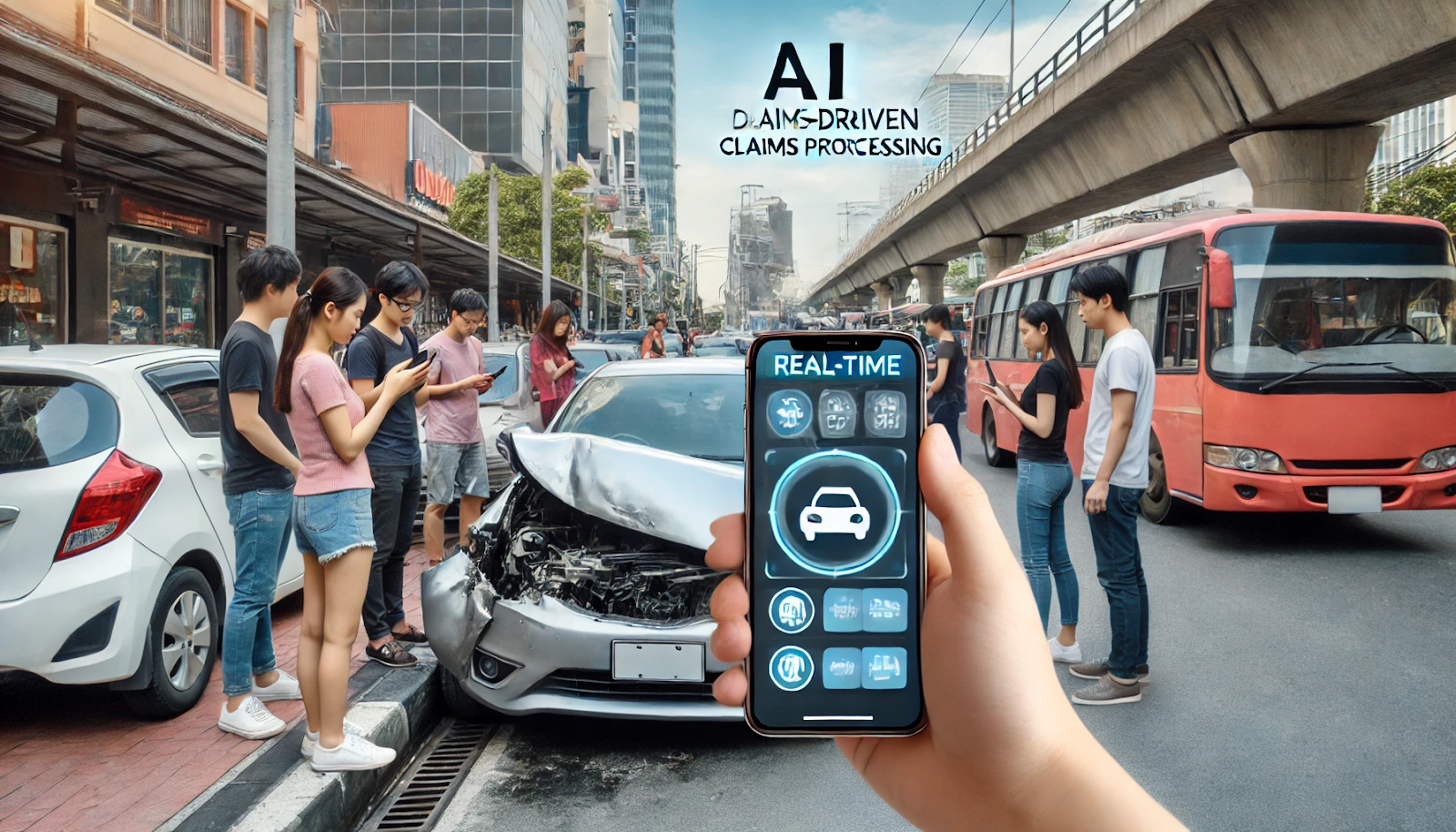 An image showing a customer taking a photo of a damaged car using a smartphone. On the smartphone screen, AI software quickly analyzes the damage and processes the claim. The background shows a busy city street with diverse people, including a young Asian woman and an elderly Caucasian man, examining their vehicles, indicating real-time automated claims handling.