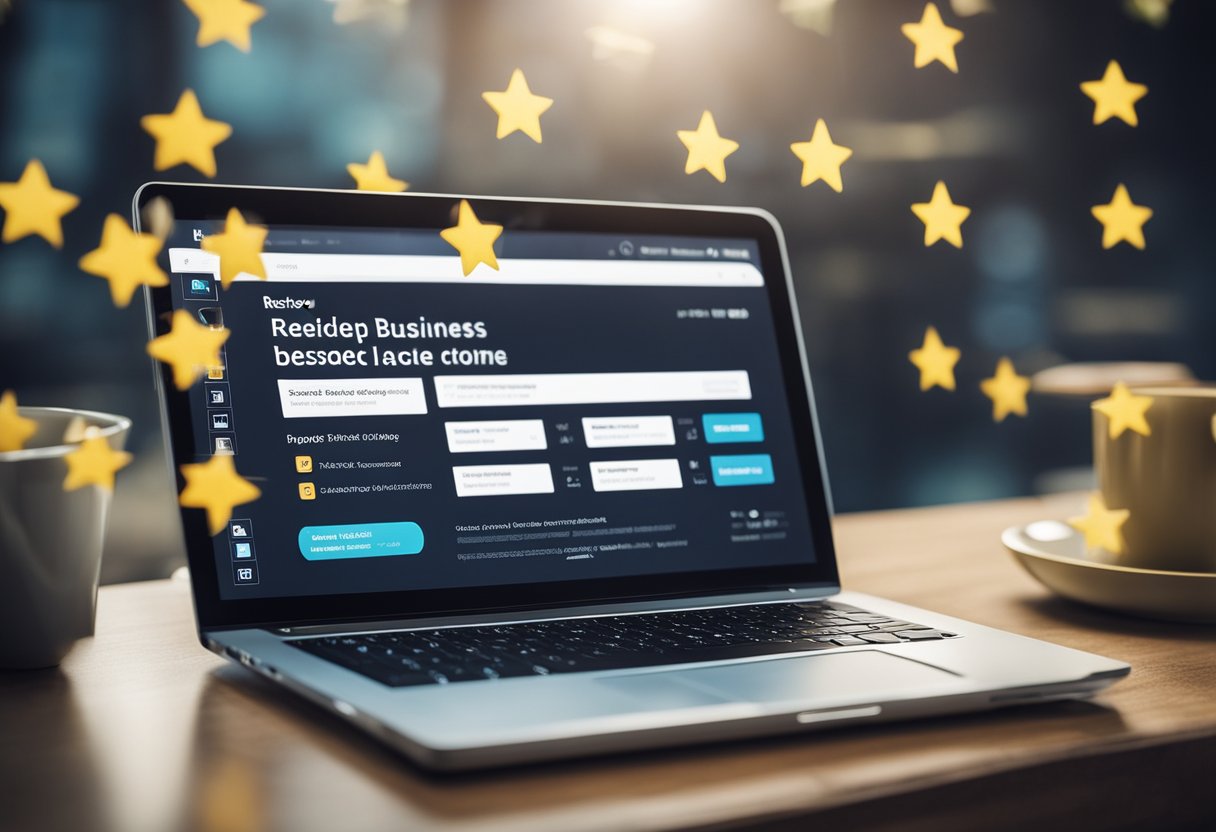 A laptop displaying a 5-star review page for a service-based business, surrounded by positive feedback and thumbs-up icons