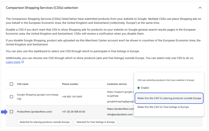 Choose option "Make this the CSS for placing products outside Europe"