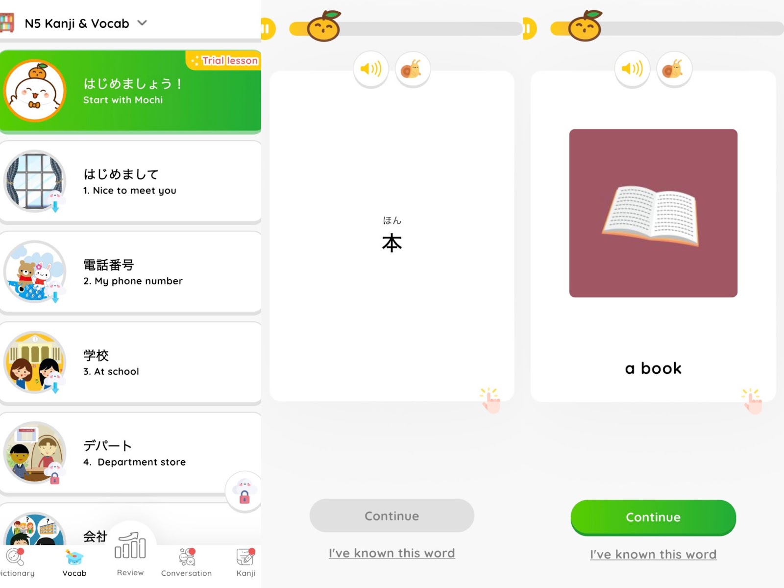 MochiKanji app interface showing vocabulary lessons and review features.