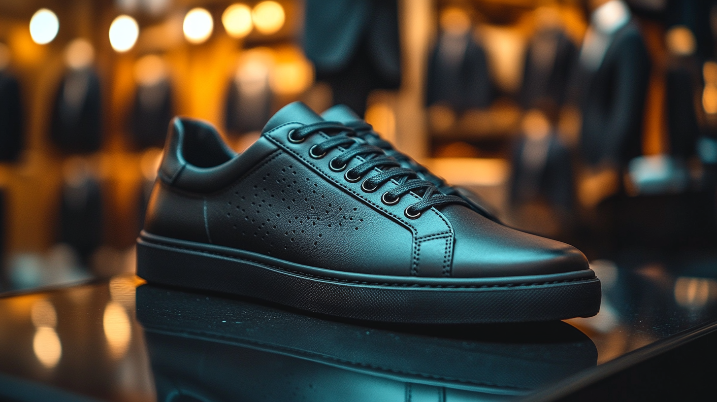 A pair of sleek black leather sneakers with sharp, clean lines, placed on a dark surface. In the blurred background, a classic dark suit is displayed on a mannequin, creating a cohesive, modern look with the sneakers and suit.