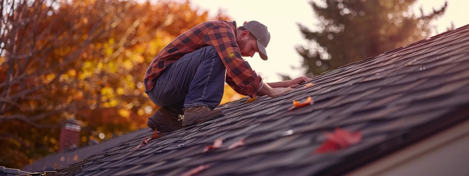 a roofer inspecting shingles on a roof.