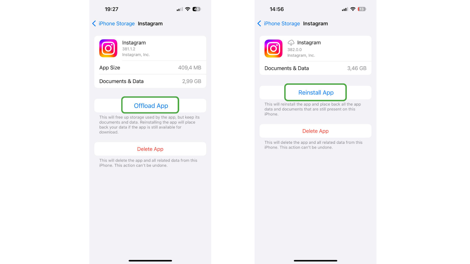 (On the left) Screenshot of the Instagram settings interface on iOS 18 highlighting the "Offload App" button; (On the right) Screenshot of the Instagram settings interface on iOS 18 highlighting the "Reinstall App" button
