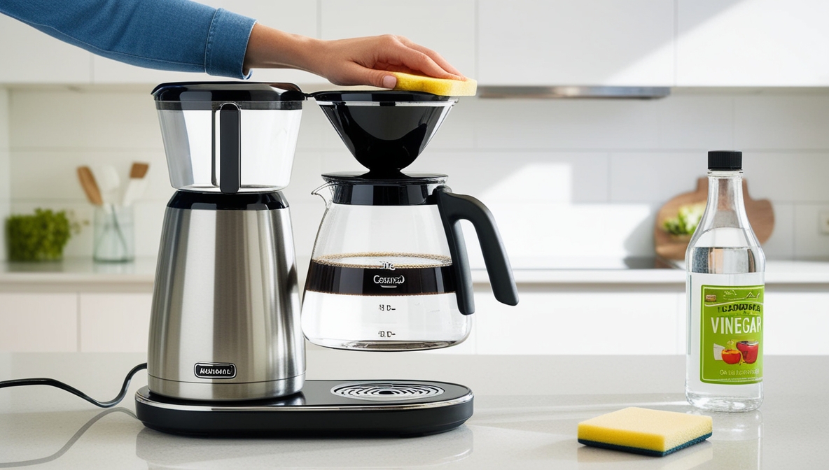 how to clean a coffee maker - A person's hand is wiping a coffee filter in a coffee maker. A bottle of vinegar and a sponge are on the kitchen counter.