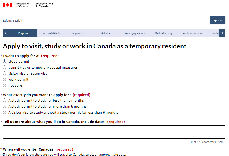 Your “how to apply for a student visa for Canada” process starts when you land on this window. Fill in the requested information correctly.