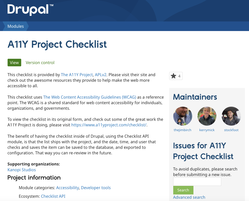 Screenshot of the Drupal.org A11y project checklist