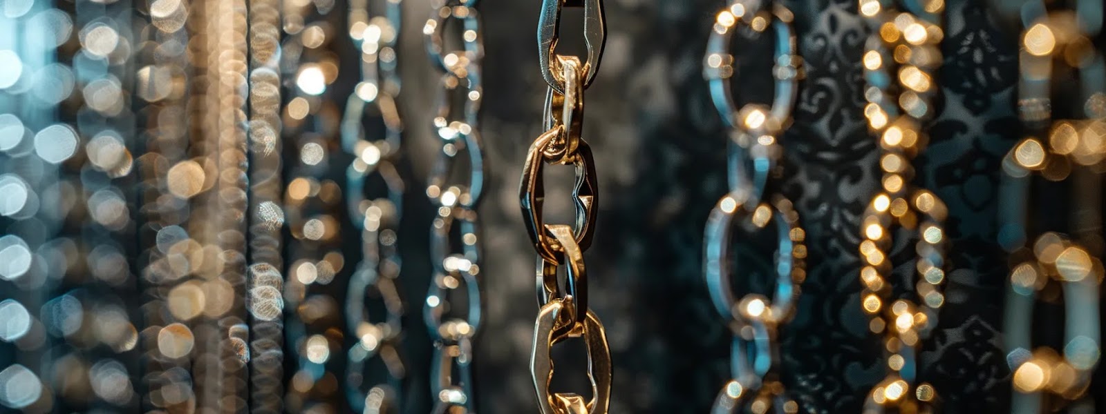 a close-up shot of an elegant display featuring an array of custom metal chains, showcasing various textures and finishes on a sleek dark velvet background to emphasize their unique jewelry design potential.