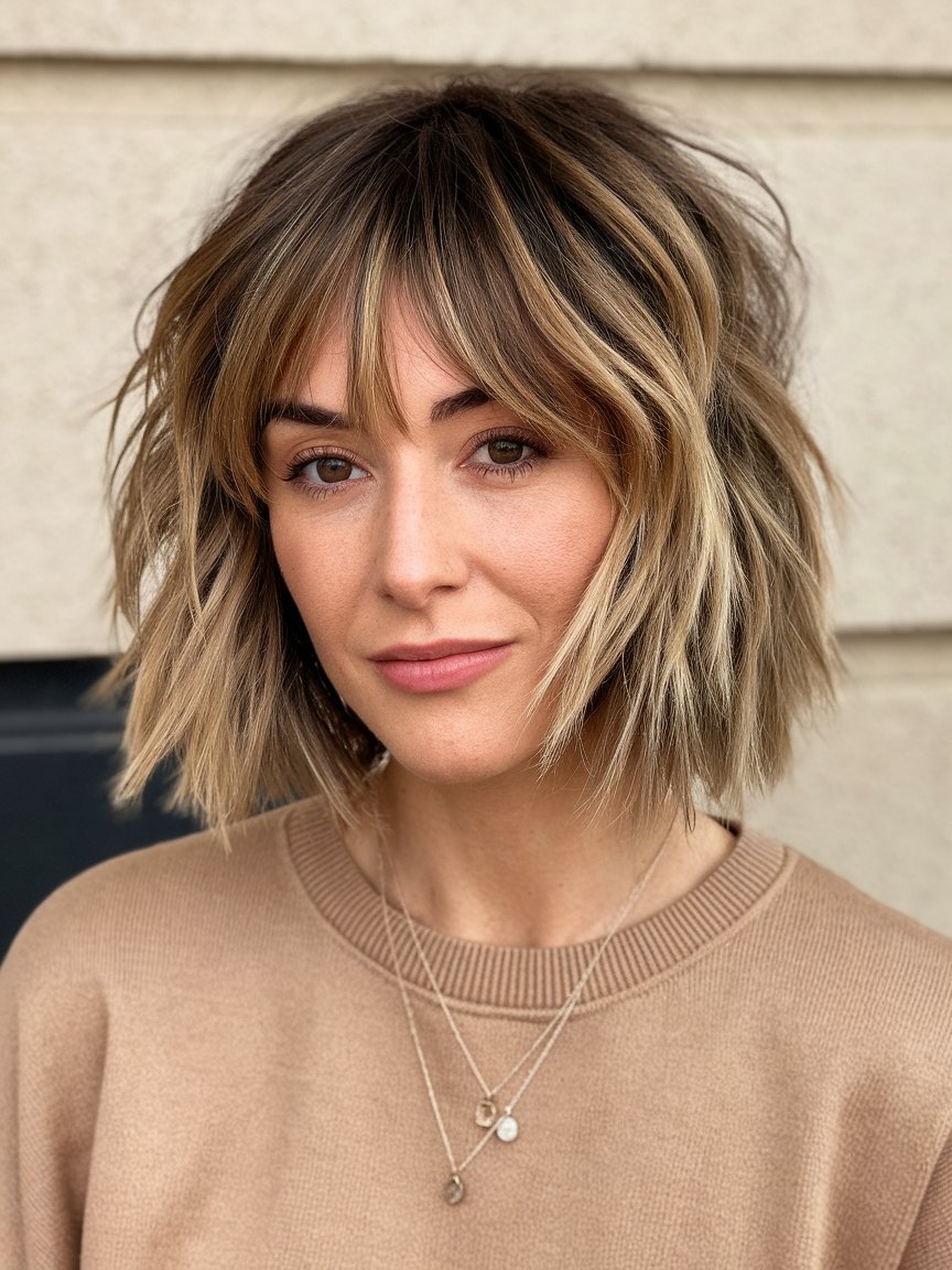 21. Wavy Layers with Short, Choppy Bangs