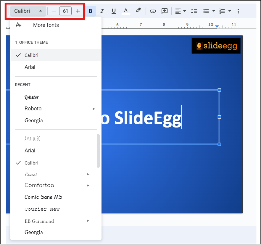 Font drop-down menu in the toolbar to select from a collection of fonts in Google Slides.