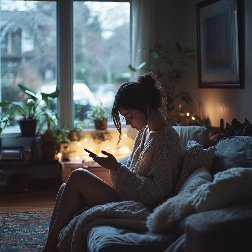 A worried woman texting | Source: Midjourney