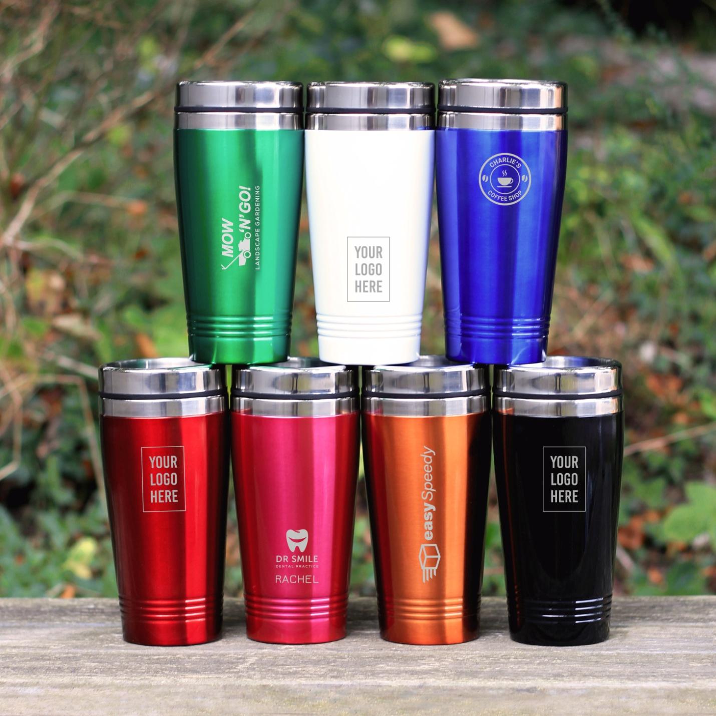 Your Business Logo Personalised on Metal Coloured Travel Cup, Promotional Company Name Engraved Insulated Mug, Corporate Customer Staff Gift - Etsy