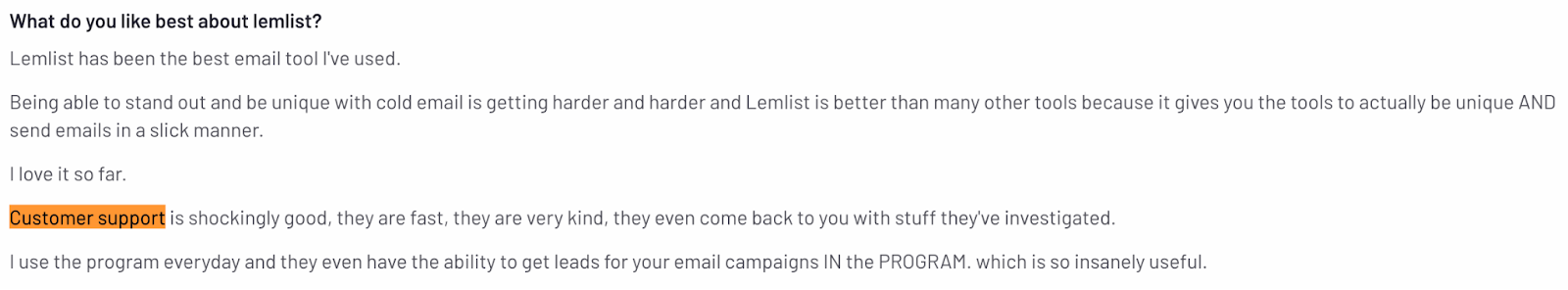 Positive user review on Lemlist's customer support