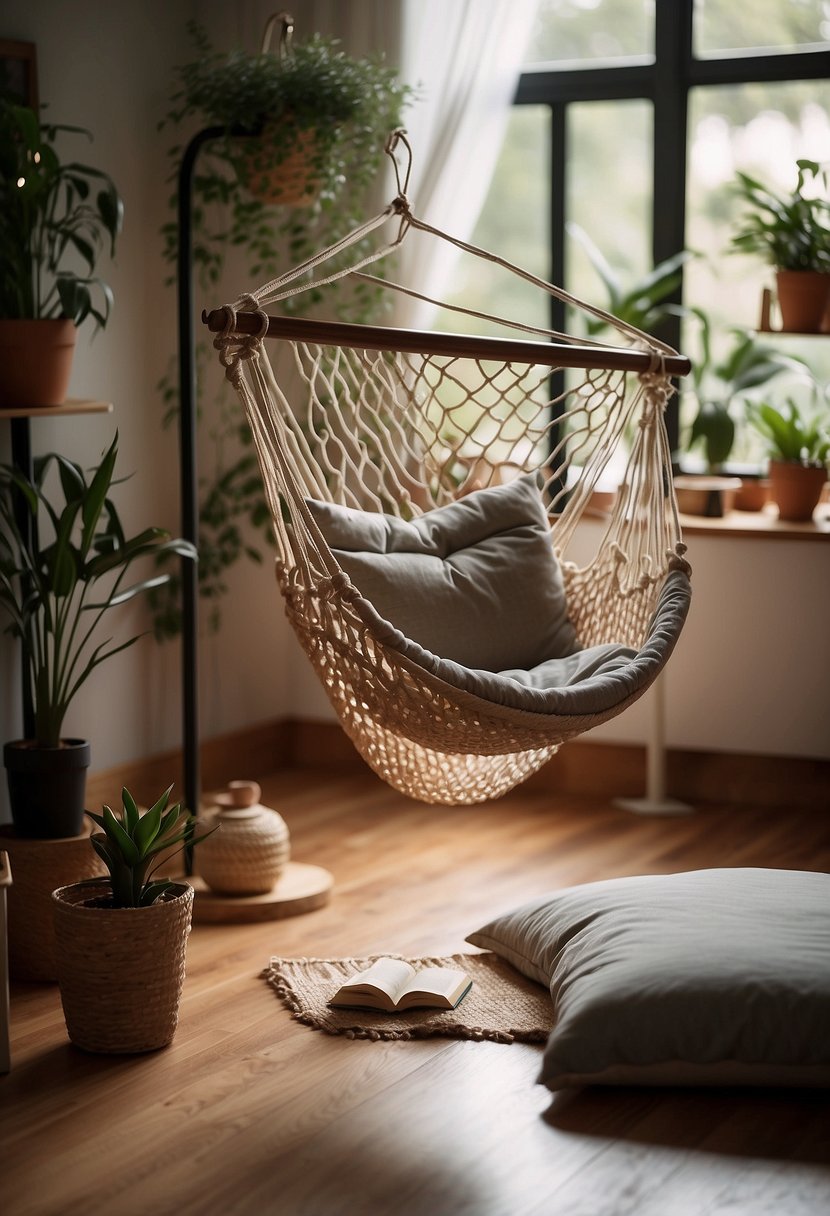 A hammock chair hangs in a cozy bedroom, surrounded by plants and soft lighting. A book and a cup of tea sit on a nearby side table