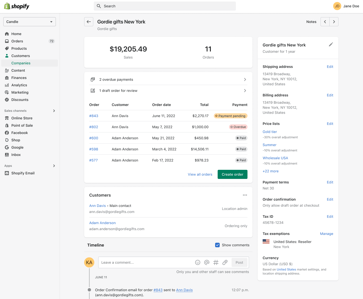 ‘Companies’ function displays order information like order date, customer, payment, and total.