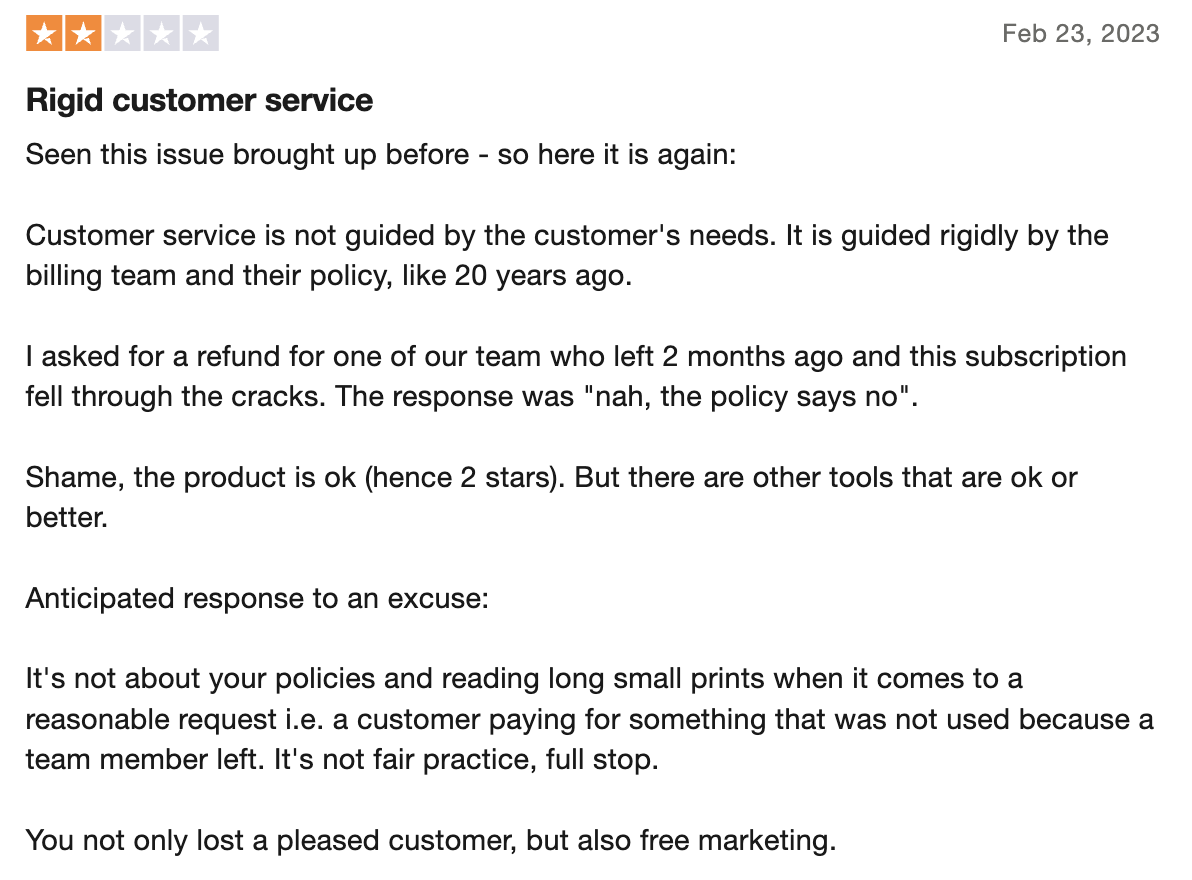 Negative Dripify customer support review.