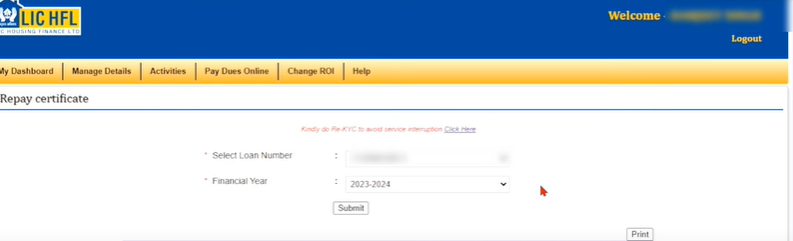 Select your loan number and financial year, then click “Submit.”