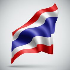 This contains an image of the flag of thailand waving in the wind on a gray background 