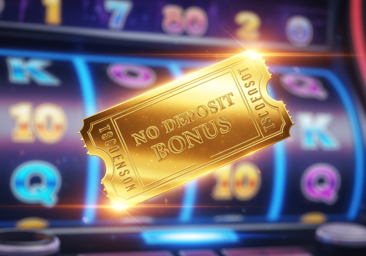 A vibrant, sleek image showing a glowing golden ticket with the text 'NO DEPOSIT BONUS' in an elegant font, floating in front of a futuristic, blurred slot machine interface. The atmosphere is exciting and premium, with lens flares and a feeling of opportunity.
