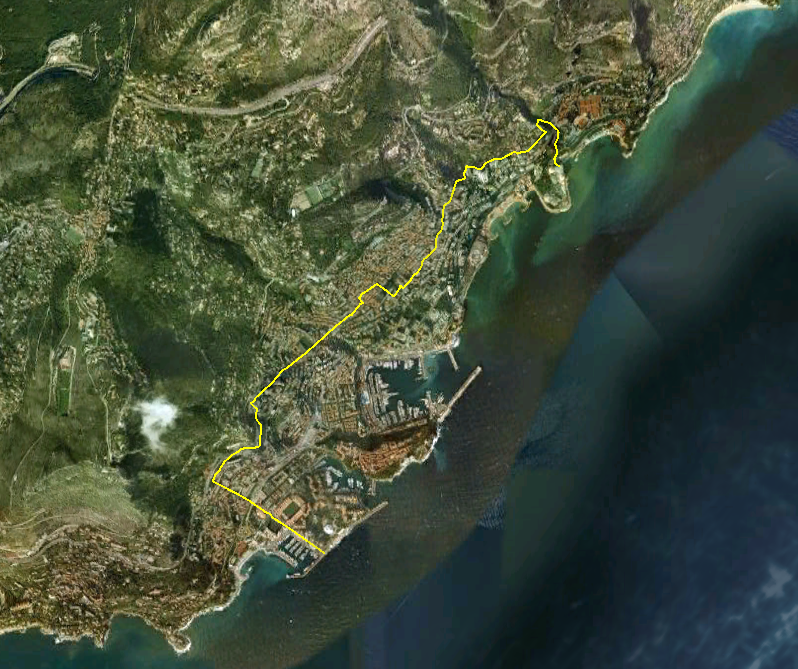 Vue satellite de Monaco où l’on voit bien la Principauté “dépasser” sa frontière avec Beausoleil.