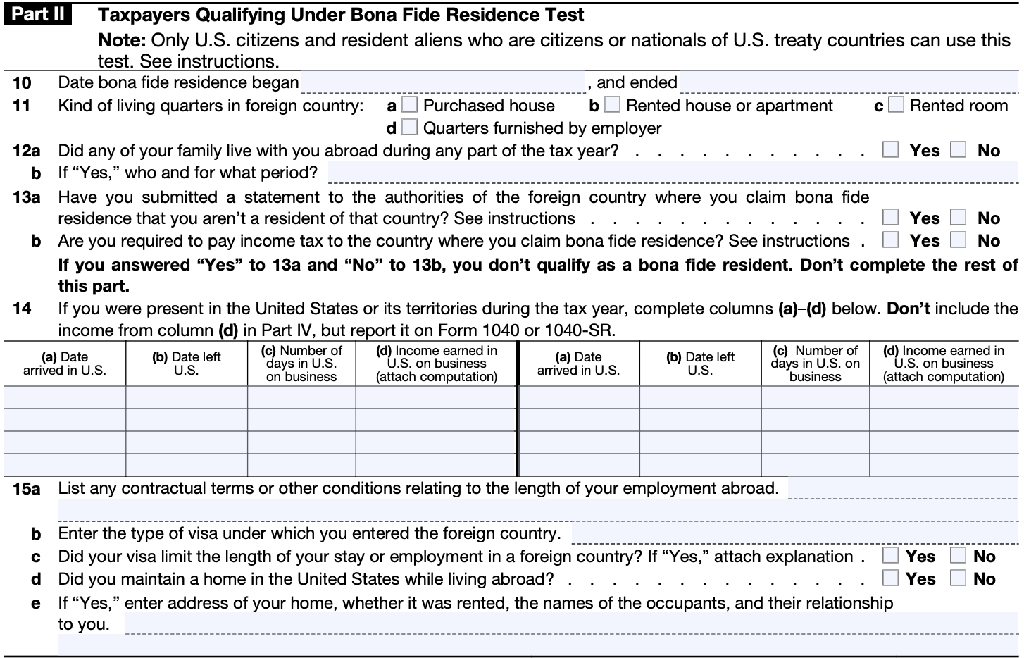 A screenshot of Part II: Taxpayers Qualifying Under Bona Fide Residence Test on Form 2555.