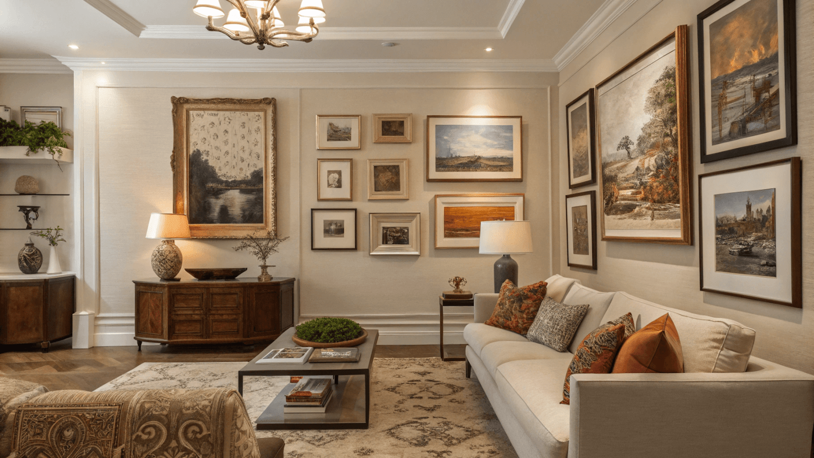 A stunning living room featuring a mixed-media gallery wall with both traditional and modern elements