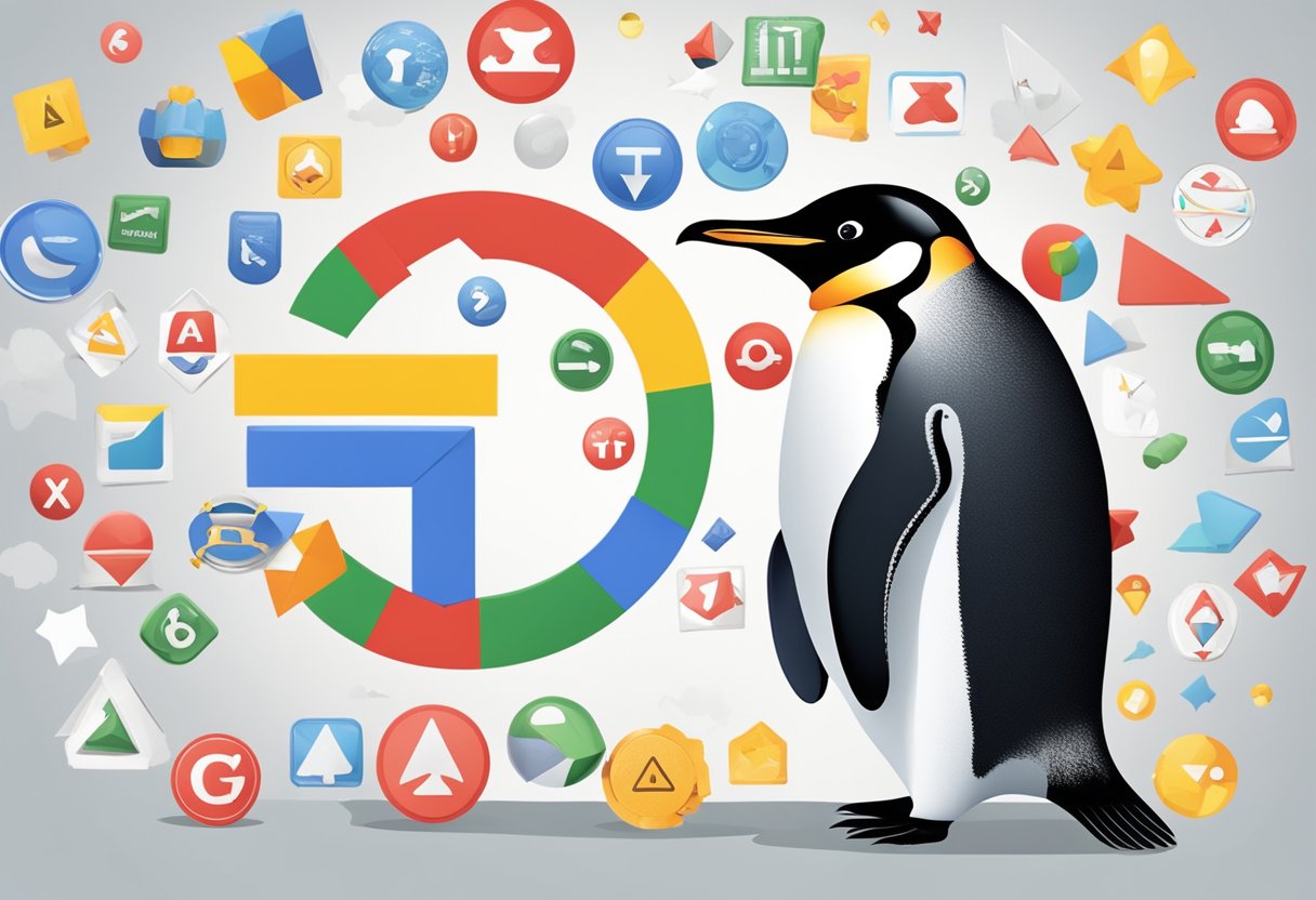 A penguin stands in front of a Google logo, surrounded by various penalty signs such as a red X, a warning triangle, and a crossed-out link