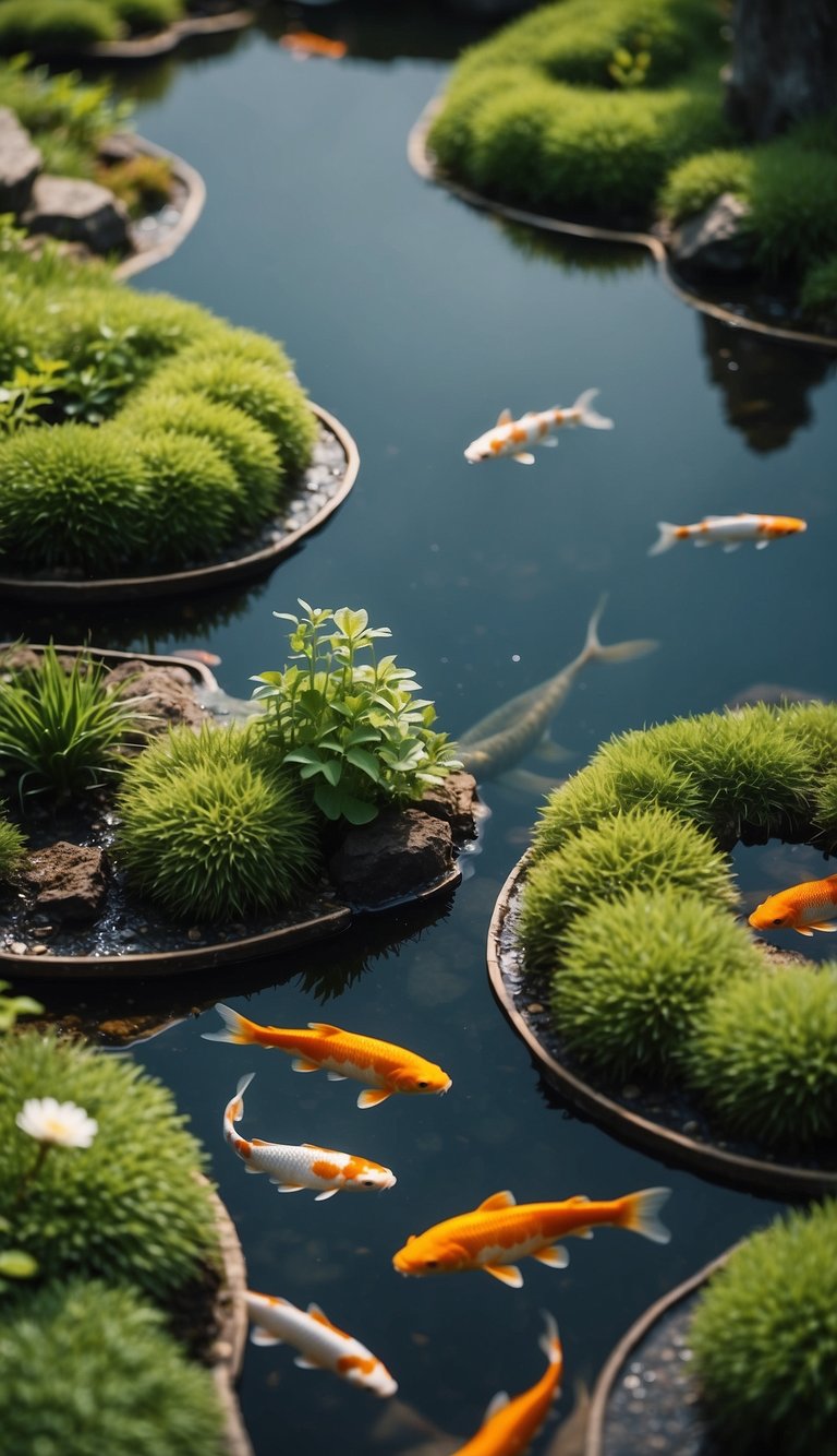 Lush green floating plant islands dot a serene koi pond, creating a tranquil and picturesque scene