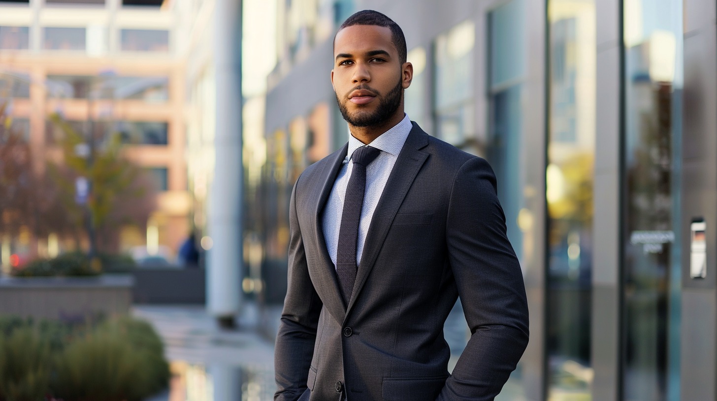Man in a classic fit suit coat; roomier cut with traditional proportions; dressed for business or formal event; conservative posture and styling; neutral tones like charcoal or navy