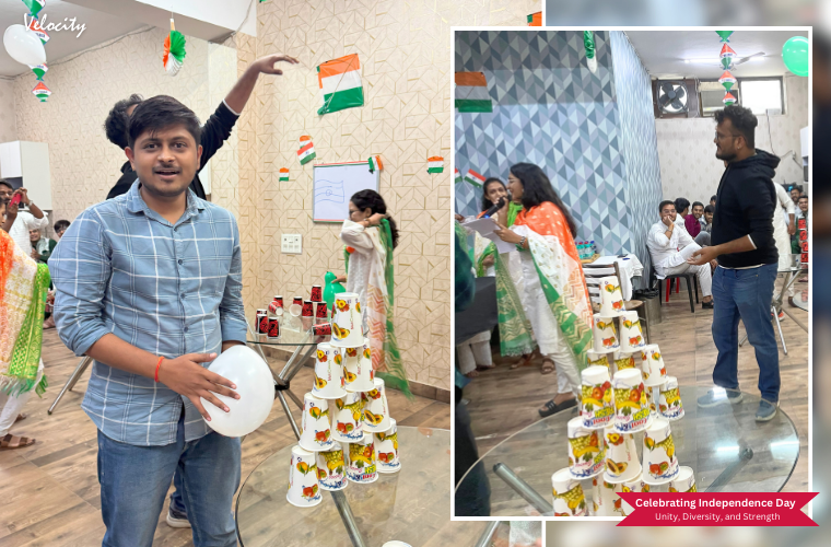 Teams constructing a balloon pyramid during the Independence Day celebration at Velocity Software Solutions