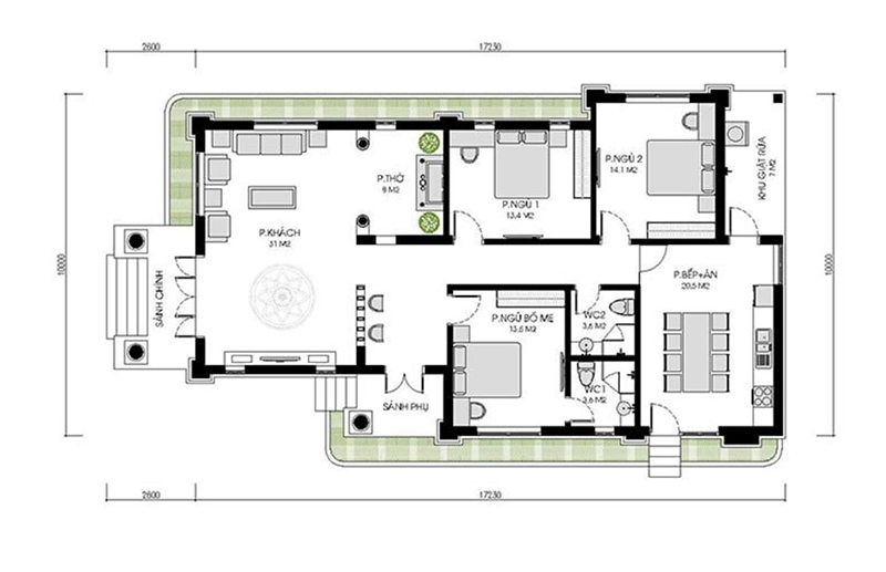 bản vẽ mặt bằng công năng nhà 1 tầng mái bằng 100m2 Xây dựng Nhất Tín