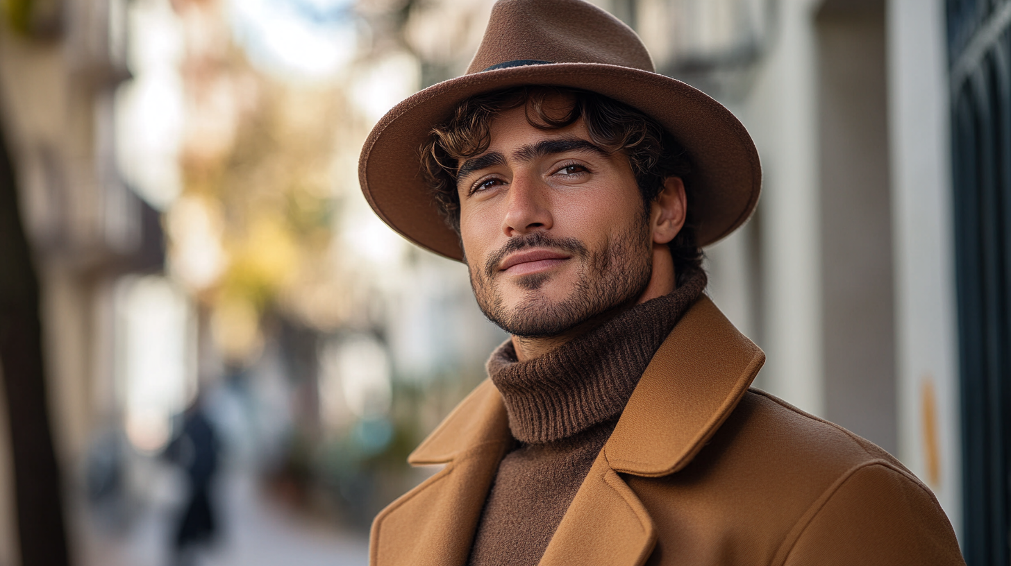 A man with olive skin tone wearing an earthy-toned outfit, featuring olive, brown, or tan hues. The colors naturally complement the warm undertones of his skin, creating a relaxed yet stylish look. The outfit is perfect for casual events or daytime weddings, offering a soft, natural vibe while maintaining a refined, confident appearance. The background reflects a calm, outdoor setting, further enhancing the laid-back but sophisticated feel.