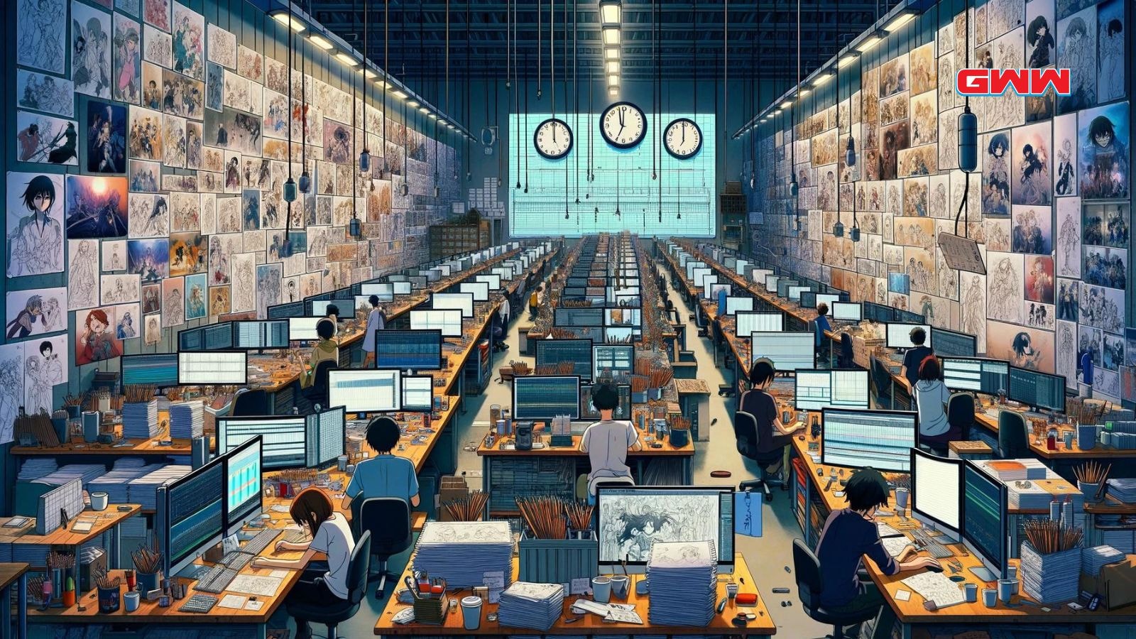 Extensive animation studio with multiple desks, showing the anime production process.