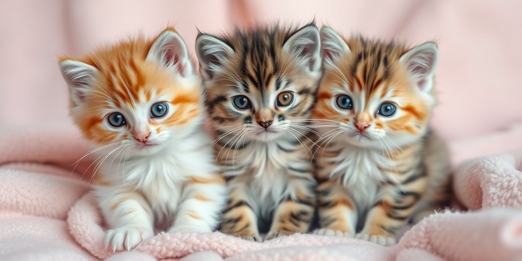 Three fluffy kittens on a pastel blanket