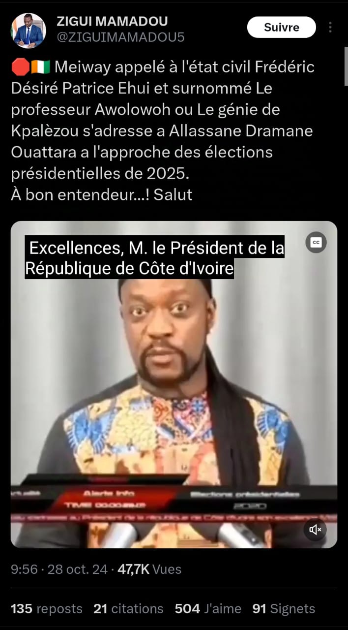 Le chanteur Meiway a-t-il critiqué une éventuelle candidature en 2025 du Président ivoirien Alassane Ouattara ?