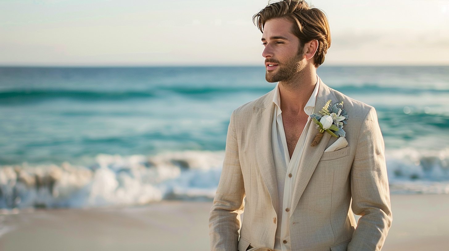 Stylish man at a beach wedding wearing a light-colored linen or cotton suit, relaxed yet elegant look, ocean waves in the background, barefoot or in loafers, soft lighting, tropical vibe, suit colors like beige, light blue, or cream, unbuttoned collar, pocket square or boutonnière detail, breezy and comfortable style for a summer wedding