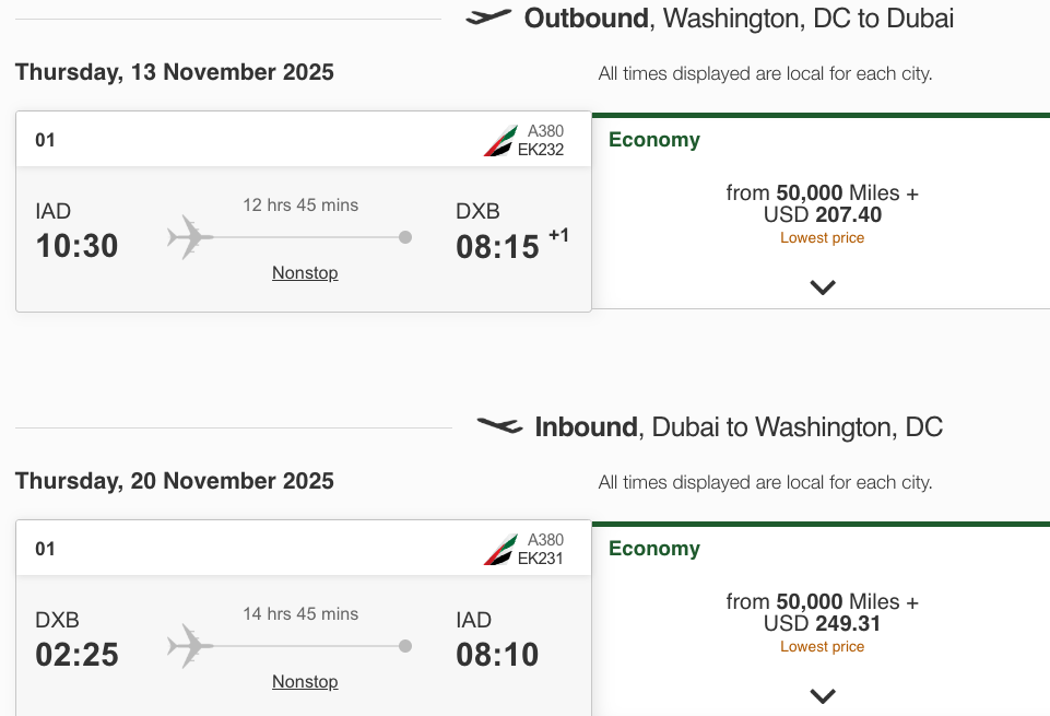 IAD to DBX on Emirates