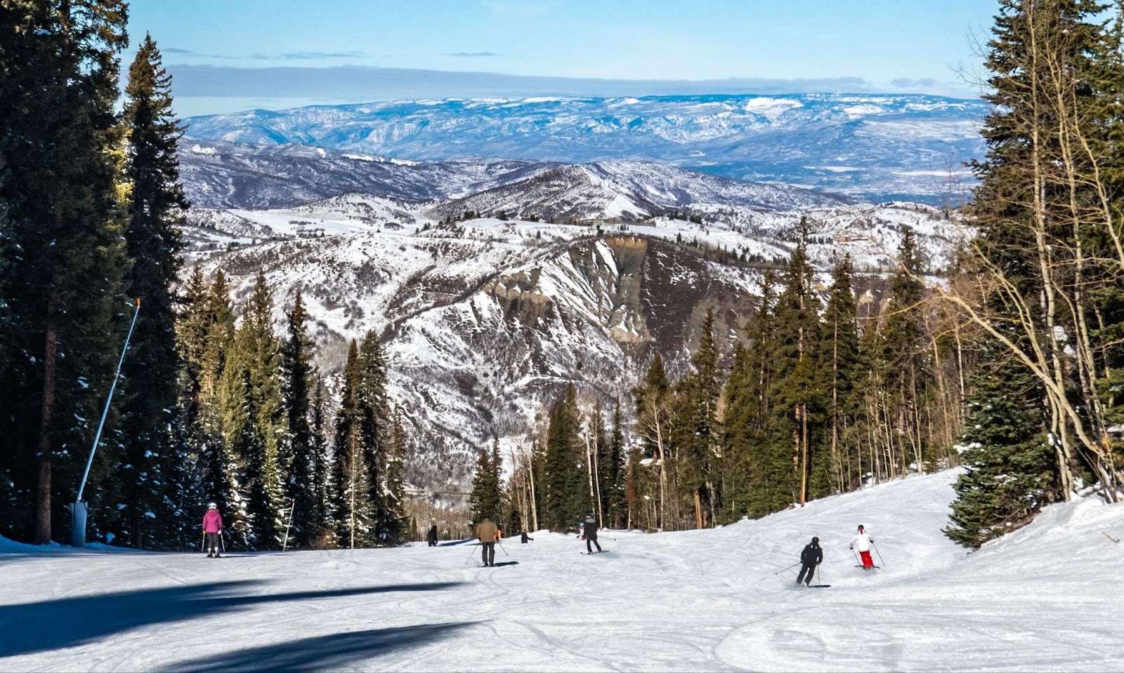 A group of skiers gliding down a snowy slope in Aspen, Colorado, framed by tall pine trees and overlooking expansive snow-covered mountain ranges in the distance.