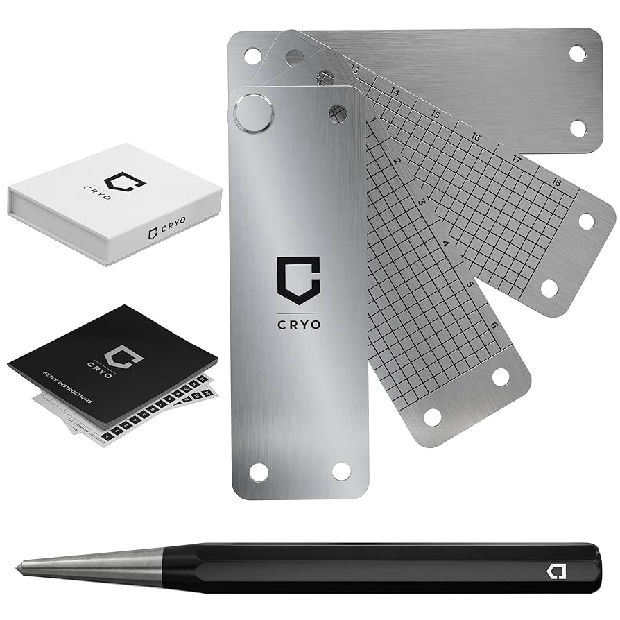 Metal seed phrase backup storage