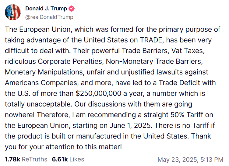 Trump Plans 50% Tariff On European Union 