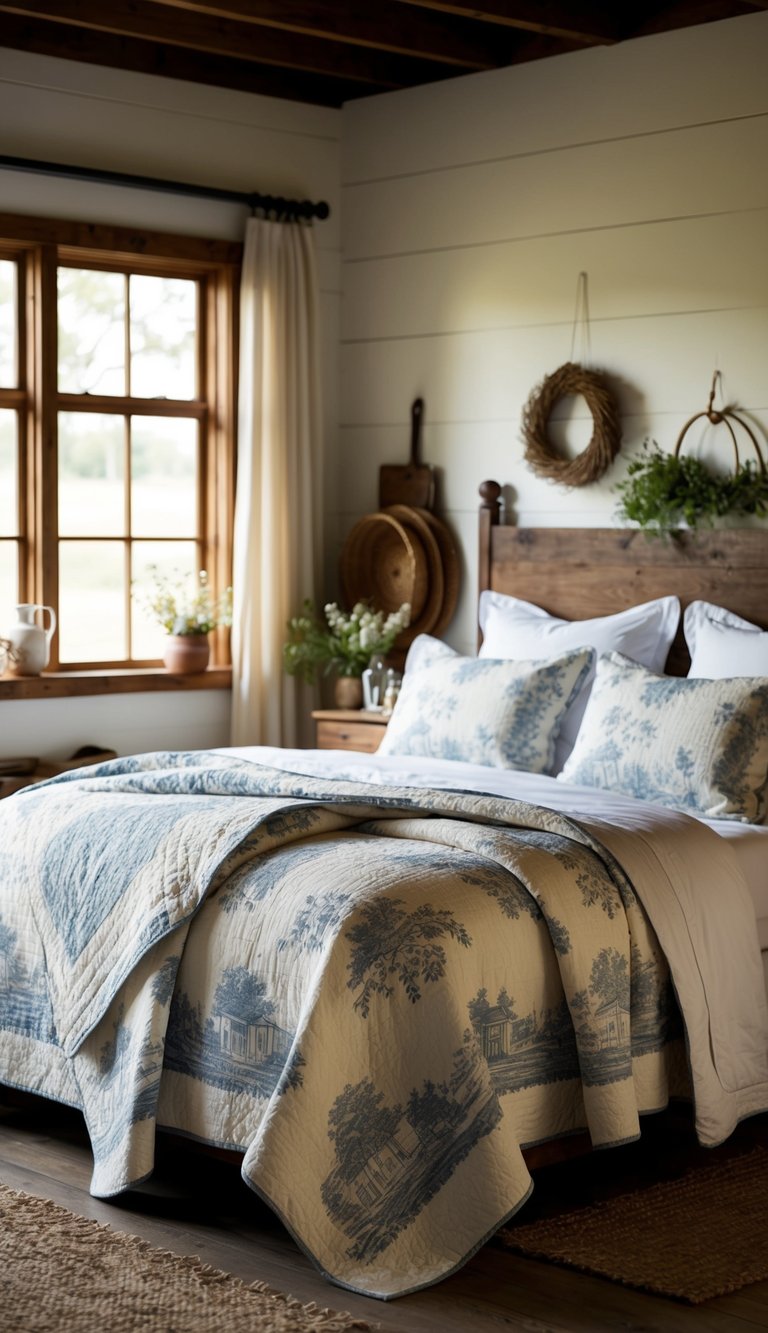 A cozy farmhouse bedroom with a reversible toile quilt draped over a bed, surrounded by rustic decor and natural light streaming in through the windows