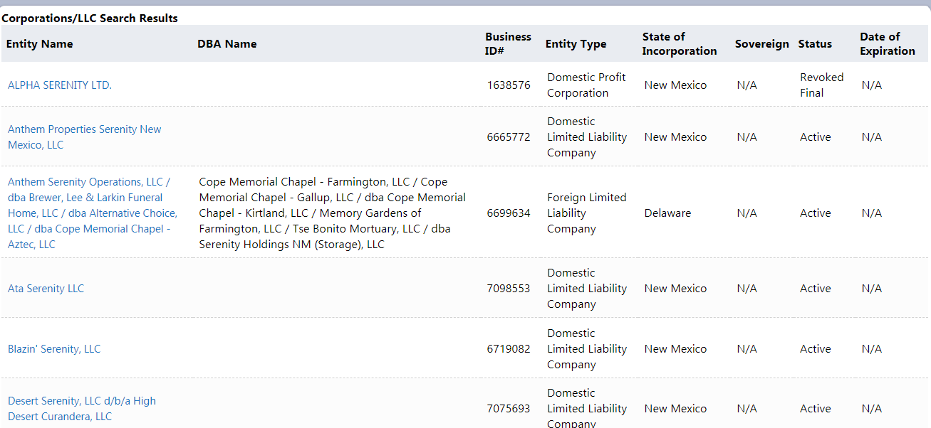 Screenshot of the New Mexico Secretary of State business search website showing search results for businesses with the name "Serenity".