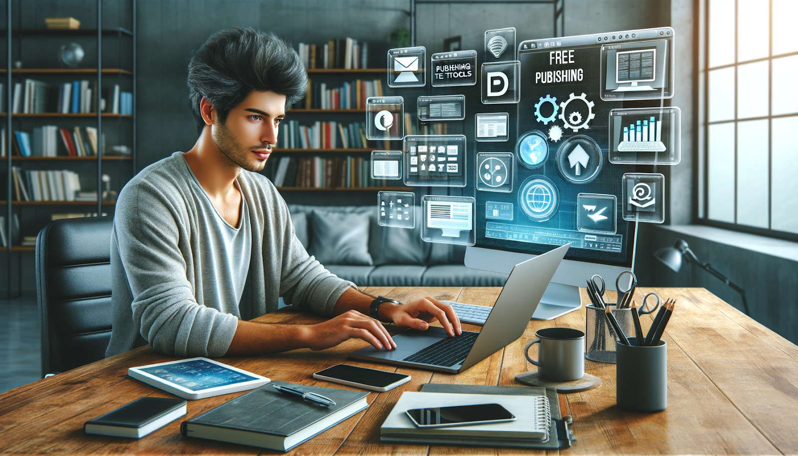 A young man working on a laptop in a modern home office, surrounded by books and digital publishing icons floating in the air. The scene conveys a futuristic and tech-driven approach to online publishing.