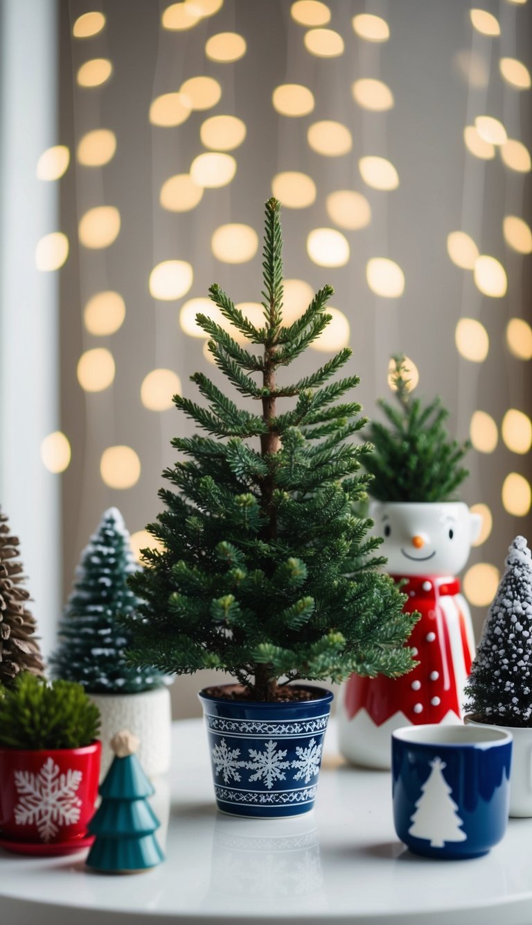 A small spruce tree sits on a tabletop surrounded by various winter-themed planters