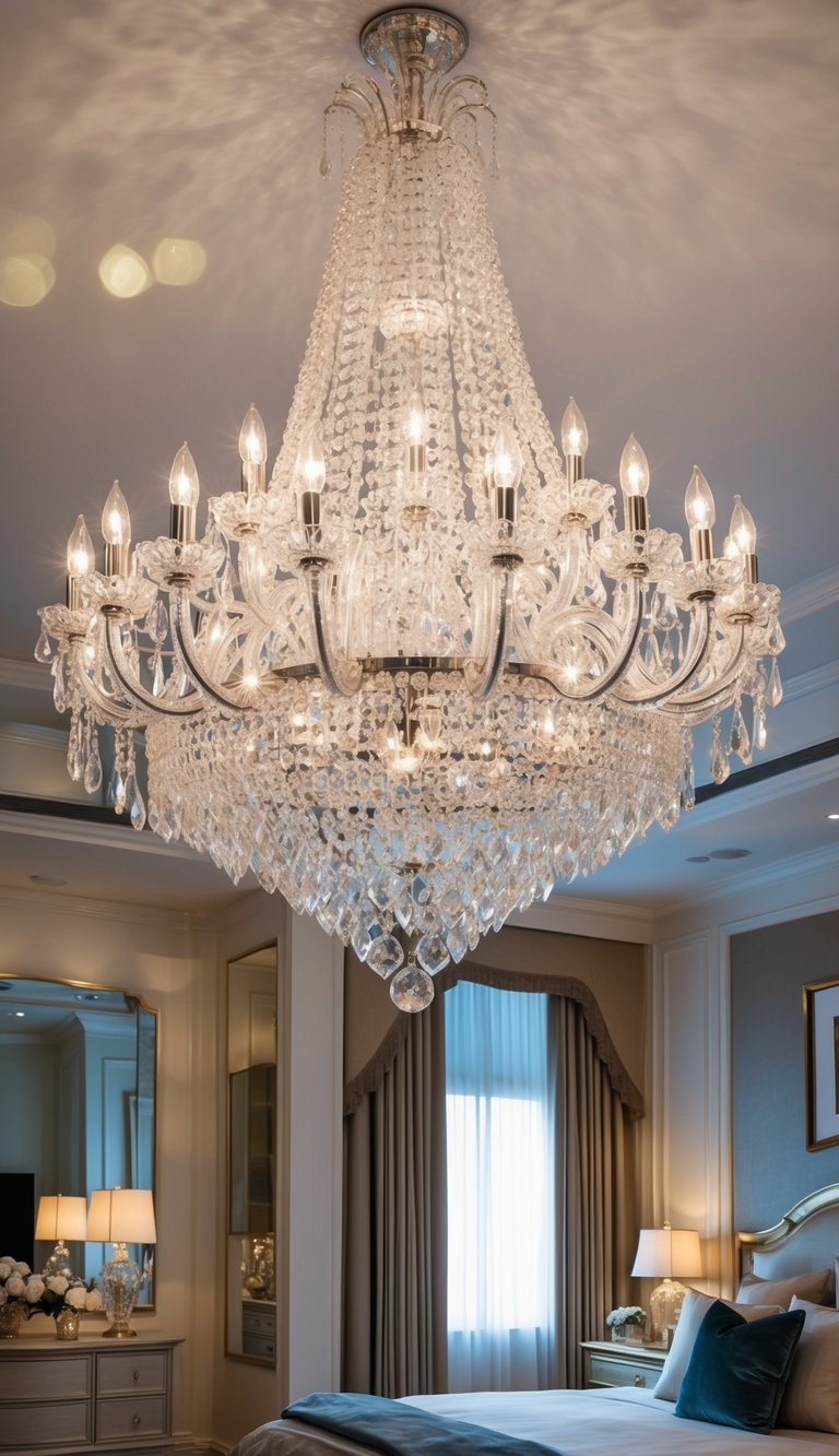 A grand crystal chandelier hangs above a luxurious master bedroom, casting a romantic glow over the elegant decor