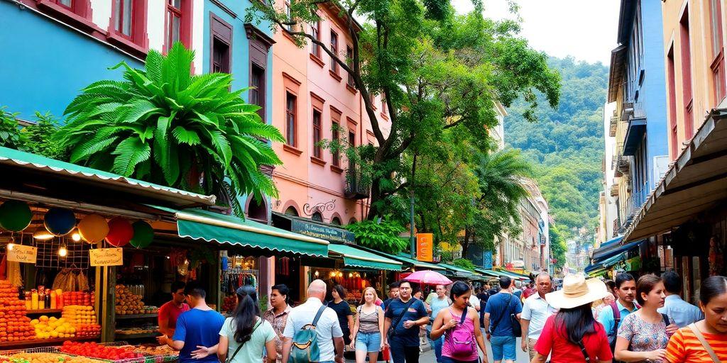 Scène de rue animée de medellin avec des touristes